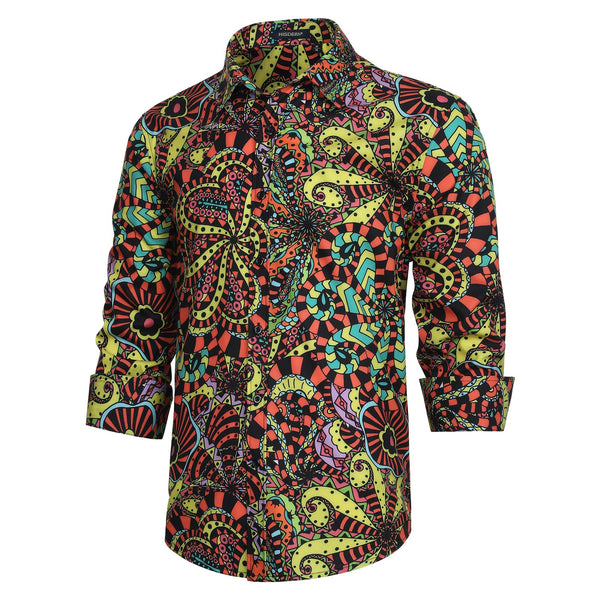 Men's Long Sleeve Shirt With Printing - YELLOW/PINK/GREEN