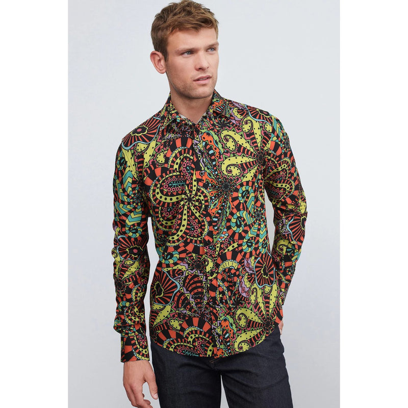 Men's Long Sleeve Shirt With Printing - YELLOW/PINK/GREEN