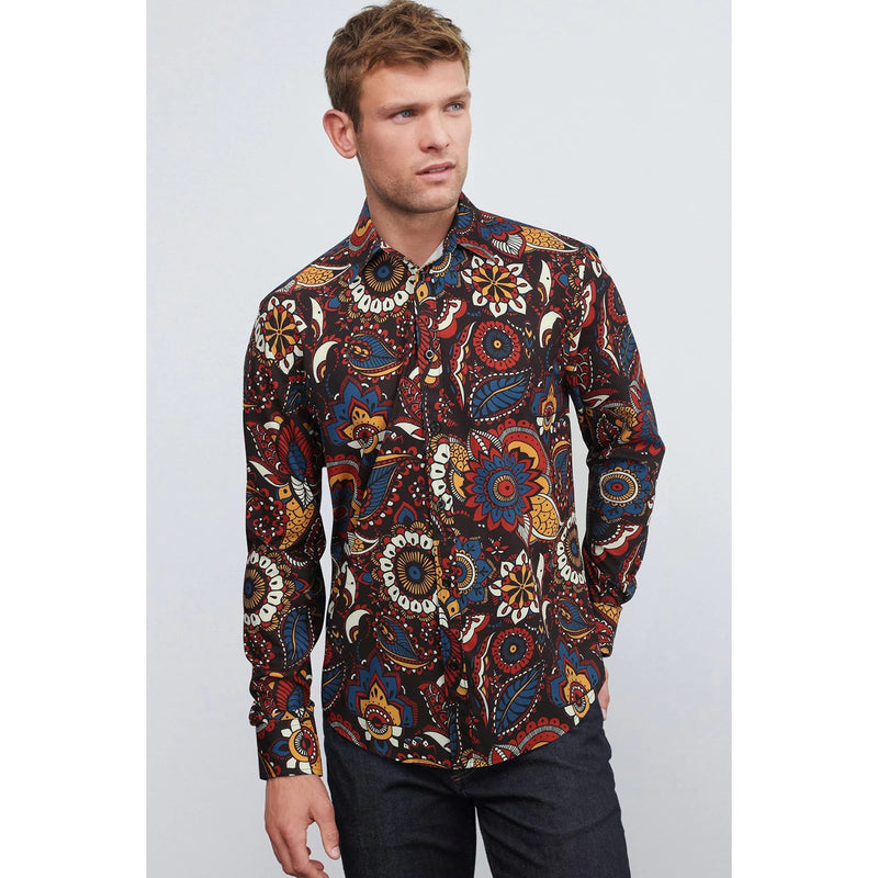 Men's Long Sleeve Shirt With Printing -BLACK/BROWN