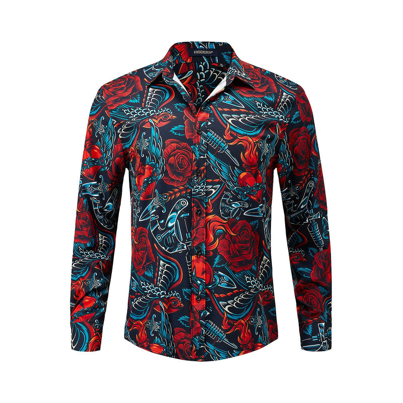 Men's Long Sleeve Shirt With Printing - Y-NAVYBLUE/RED