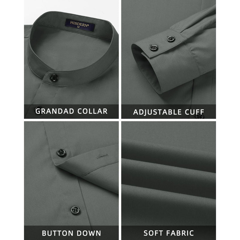 Men's Grey Grandad Collar Shirt Wedding Regular Fit with Pocket