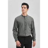 Men's Grey Grandad Collar Shirt Wedding Regular Fit with Pocket