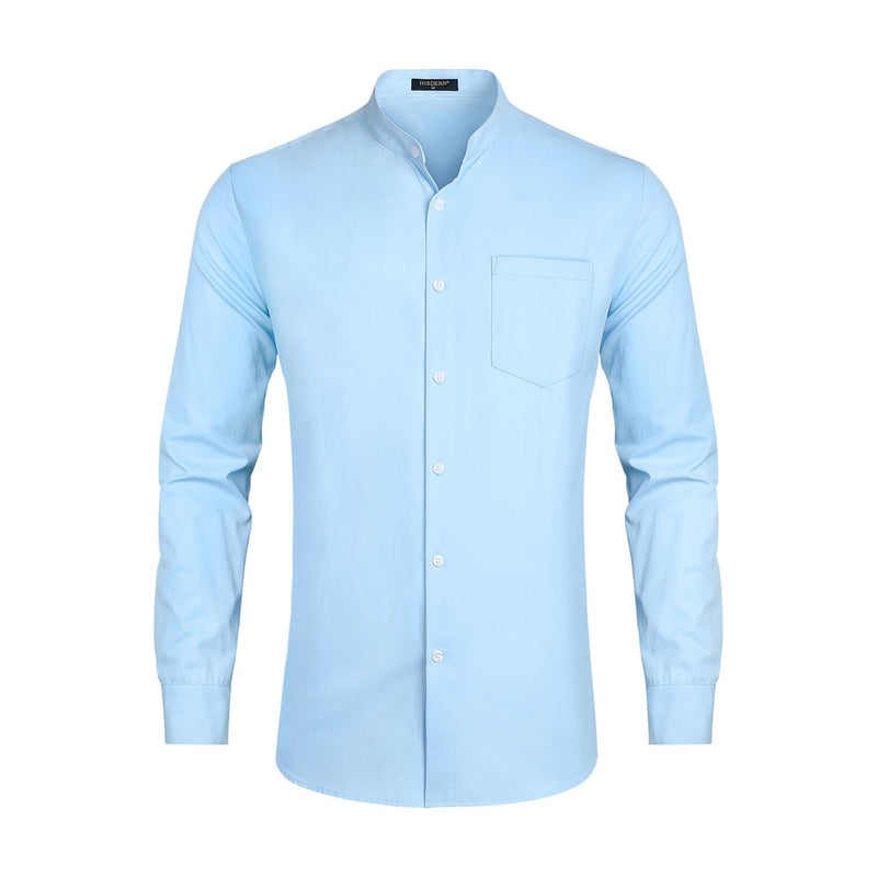 Men's Light Blue Grandad Collar Shirt Wedding Regular Fit with Pocket