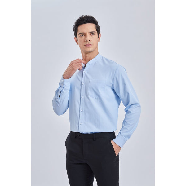 Men's Light Blue Grandad Collar Shirt Wedding Regular Fit with Pocket