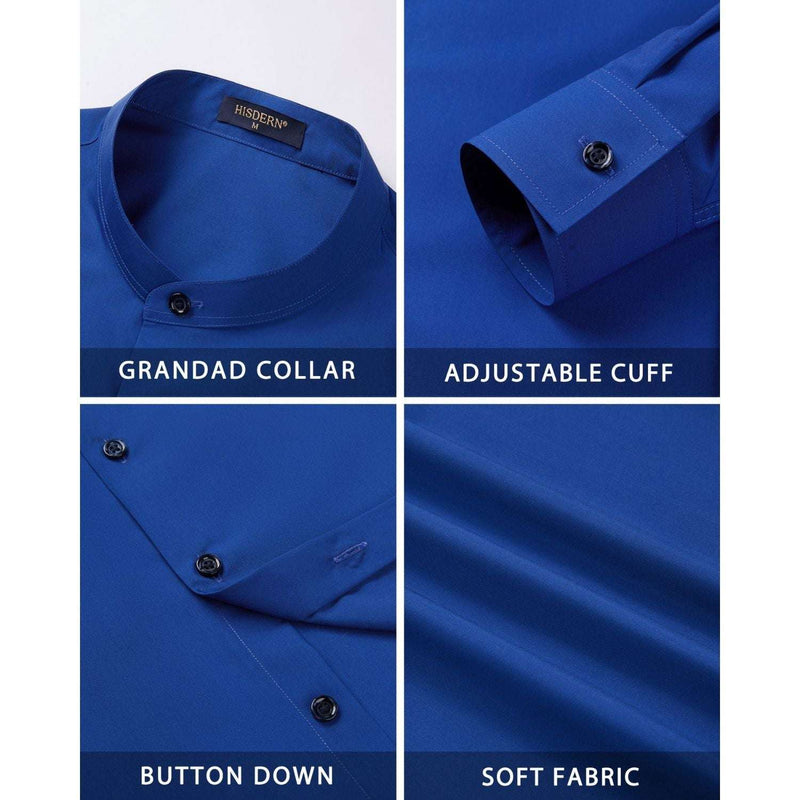 Men's Royal Blue Grandad Collar Shirt Wedding Regular Fit with Pocket