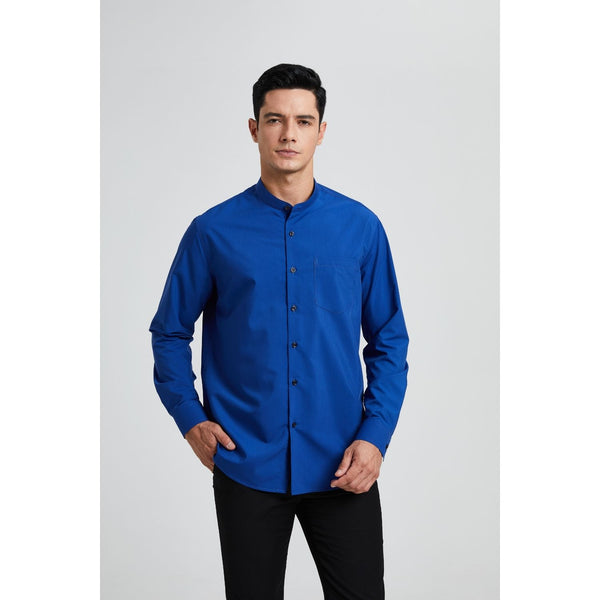 Men's Royal Blue Grandad Collar Shirt Wedding Regular Fit with Pocket