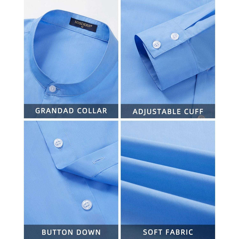 Men's Blue Grandad Collar Shirt Wedding Regular Fit with Pocket