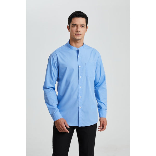 Men's Blue Grandad Collar Shirt Wedding Regular Fit with Pocket