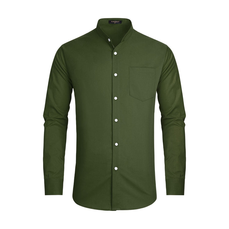 Men's Army Green Grandad Collar Shirt Wedding Regular Fit with Pocket