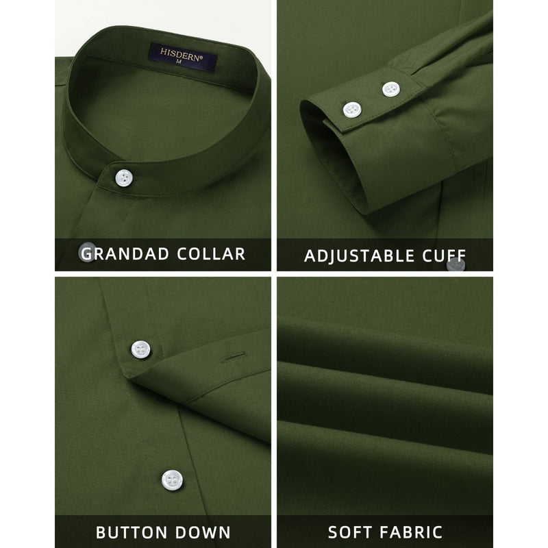 Men's Army Green Grandad Collar Shirt Wedding Regular Fit with Pocket