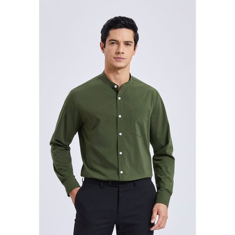 Men's Army Green Grandad Collar Shirt Wedding Regular Fit with Pocket