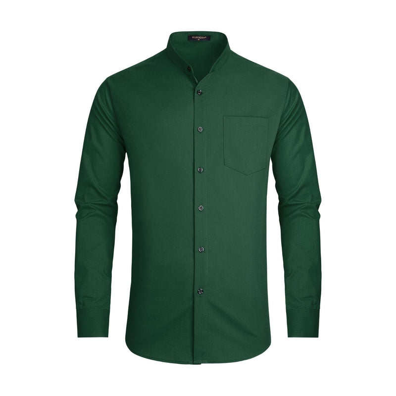 Men's Dark Green Grandad Collar Shirt Wedding Regular Fit with Pocket