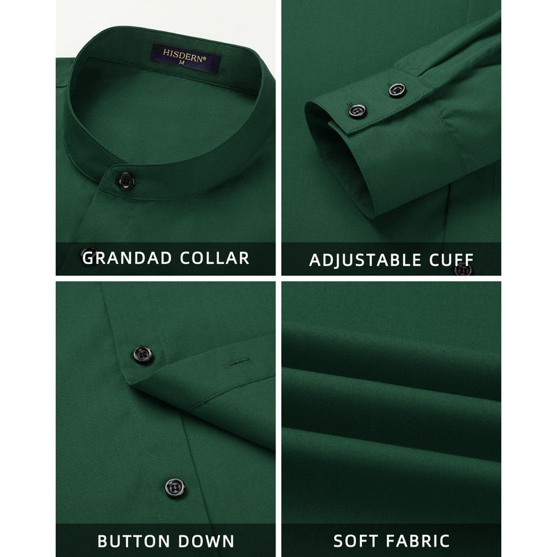 Men's Dark Green Grandad Collar Shirt Wedding Regular Fit with Pocket