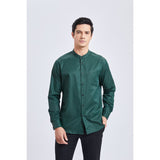 Men's Dark Green Grandad Collar Shirt Wedding Regular Fit with Pocket