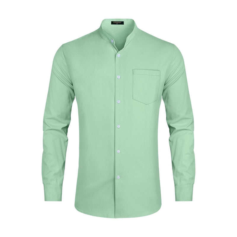 Men's Light Green Grandad Collar Shirt Wedding Regular Fit with Pocket