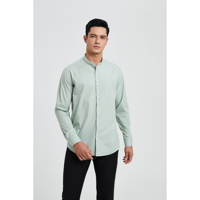 Men's Light Green Grandad Collar Shirt Wedding Regular Fit with Pocket