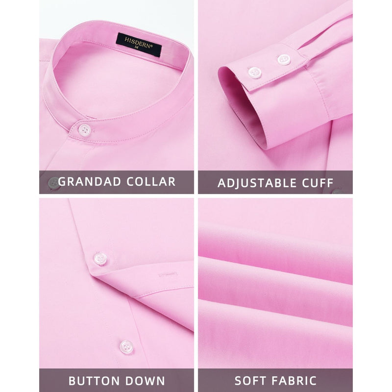 Men's Pink Grandad Collar Shirt Wedding Regular Fit with Pocket