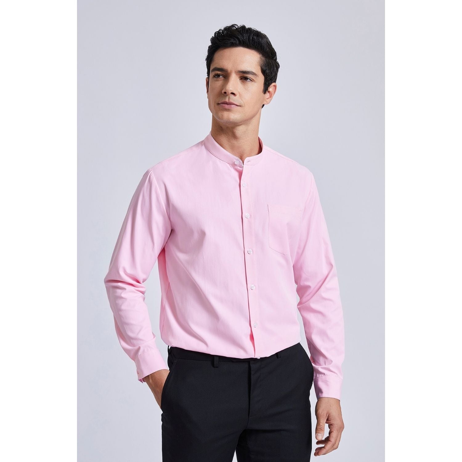 Hisdern Men's Pink Grandad Collar Shirt Wedding Regular Fit with Pocke