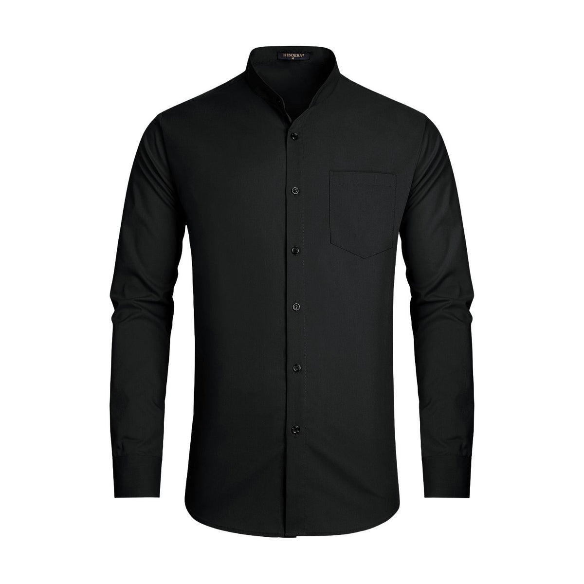 Hisdern Men's Black Grandad Collar Shirt Wedding Regular Fit with Pocket L