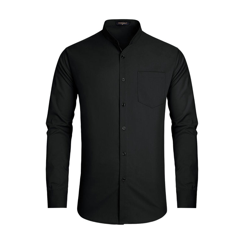 Men's Black Grandad Collar Shirt Wedding Regular Fit with Pocket