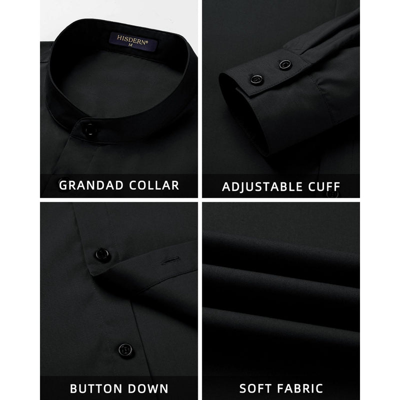 Men's Black Grandad Collar Shirt Wedding Regular Fit with Pocket