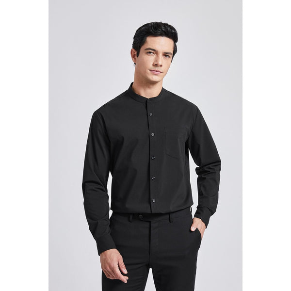 Men's Black Grandad Collar Shirt Wedding Regular Fit with Pocket