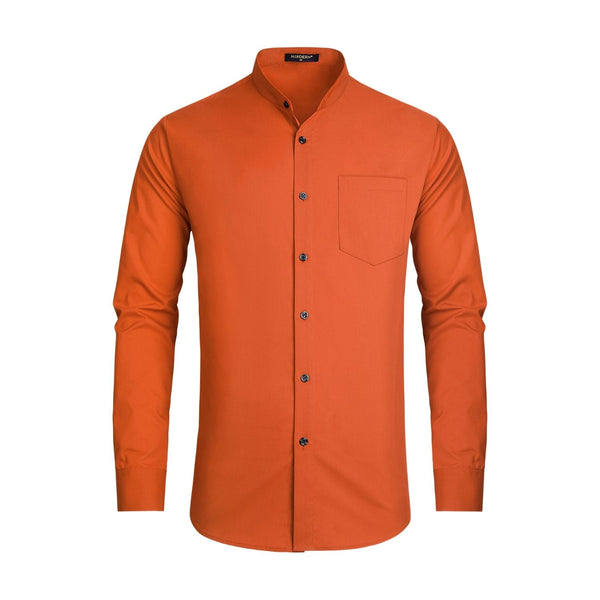 Men's Orange Grandad Collar Shirt Wedding Regular Fit with Pocket