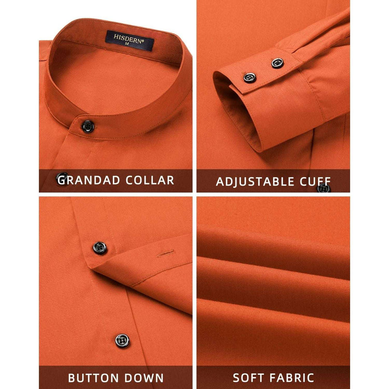 Men's Orange Grandad Collar Shirt Wedding Regular Fit with Pocket