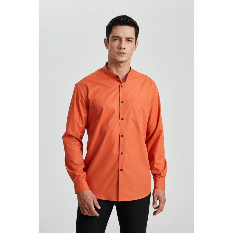 Men's Orange Grandad Collar Shirt Wedding Regular Fit with Pocket