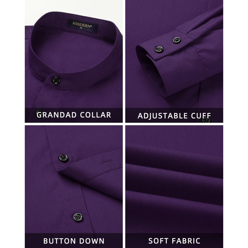 Men's Purple Grandad Collar Shirt Wedding Regular Fit with Pocket