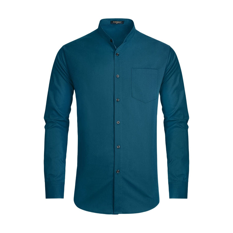 Men's Teal Grandad Collar Shirt Wedding Regular Fit with Pocket