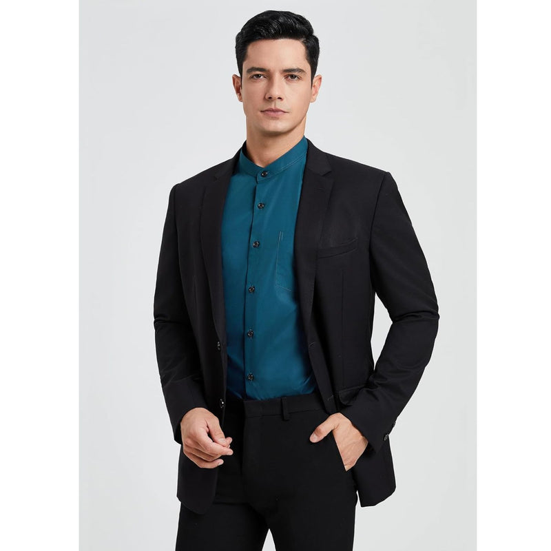 Men's Teal Grandad Collar Shirt Wedding Regular Fit with Pocket