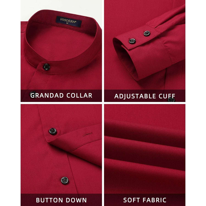 Men's Burgundy Grandad Collar Shirt Wedding Regular Fit with Pocket