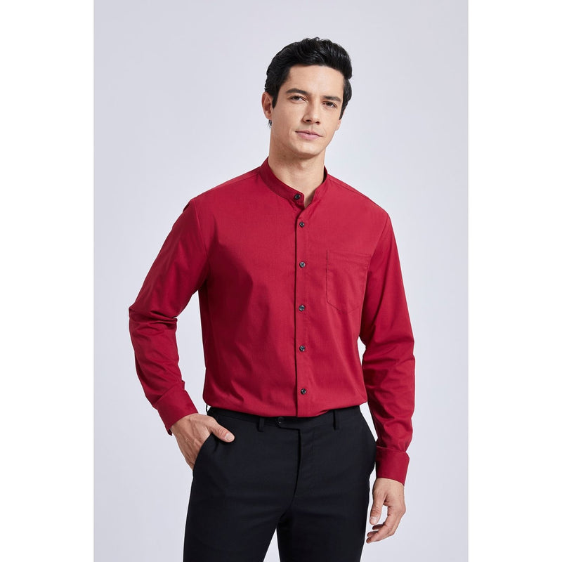 Men's Burgundy Grandad Collar Shirt Wedding Regular Fit with Pocket