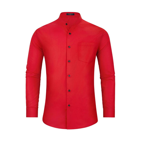 Men's Red Grandad Collar Shirt Wedding Regular Fit with Pocket