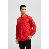 Men's Red Grandad Collar Shirt Wedding Regular Fit with Pocket