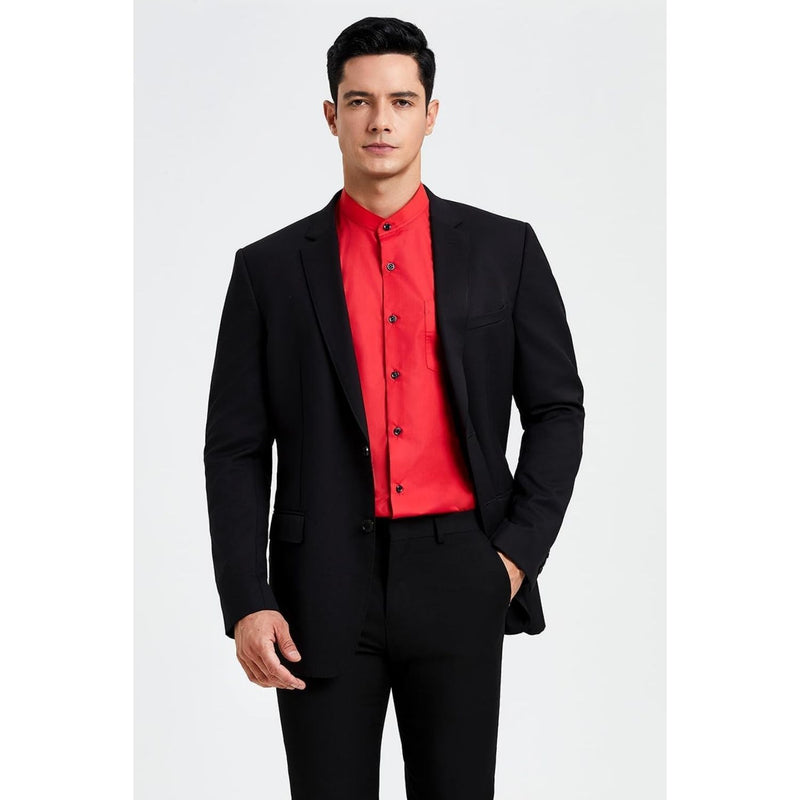 Men's Red Grandad Collar Shirt Wedding Regular Fit with Pocket