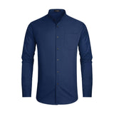 Men's Navy Blue Grandad Collar Shirt Wedding Regular Fit with Pocket