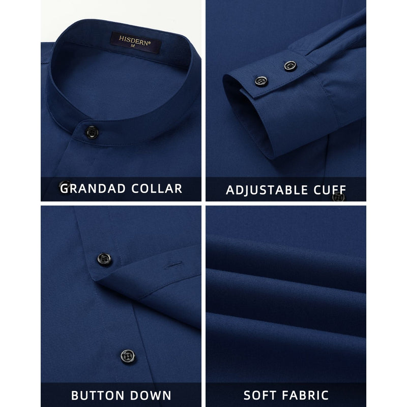 Men's Navy Blue Grandad Collar Shirt Wedding Regular Fit with Pocket