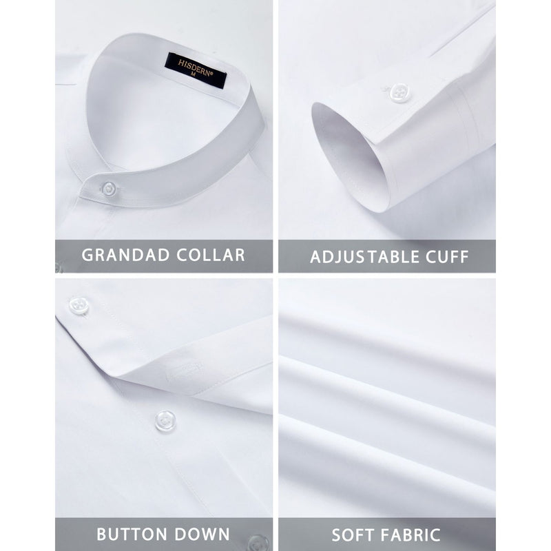 Men's White Grandad Collar Shirt Wedding Regular Fit with Pocket