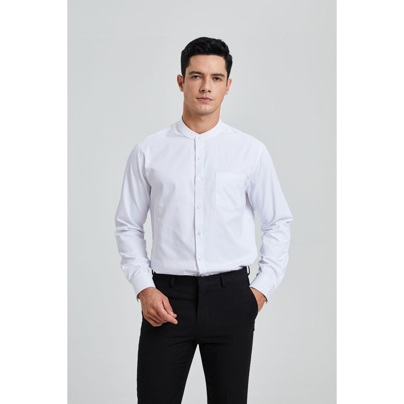 Men's White Grandad Collar Shirt Wedding Regular Fit with Pocket