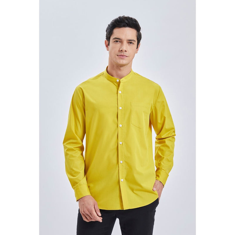 Men's Yellow Grandad Collar Shirt Wedding Regular Fit with Pocket