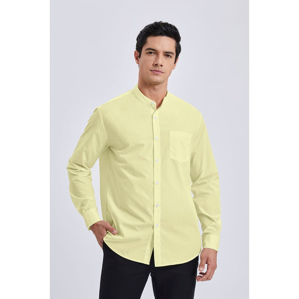 Men's Pale Yellow Grandad Collar Shirt Wedding Regular Fit with Pocket