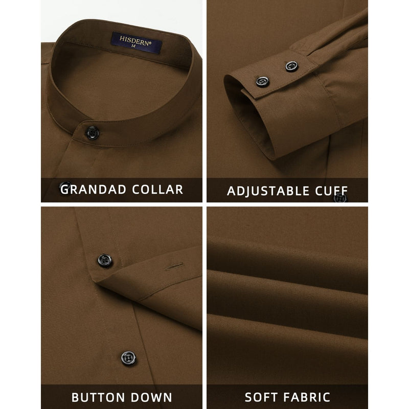 Men's Brown Grandad Collar Shirt Wedding Regular Fit with Pocket