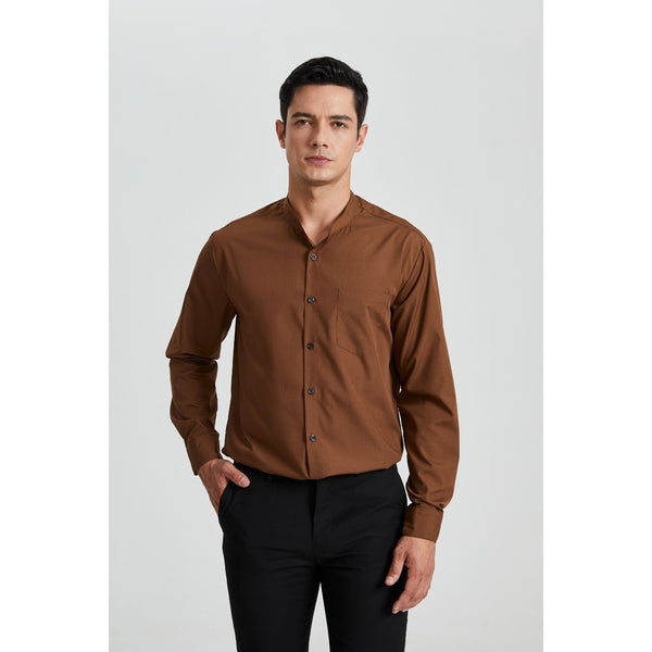 Men's Brown Grandad Collar Shirt Wedding Regular Fit with Pocket