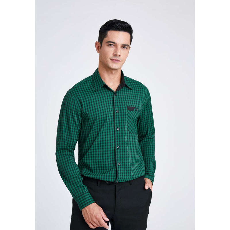 Men's Casual Long Sleeve Plaid Shirt - D-GREEN