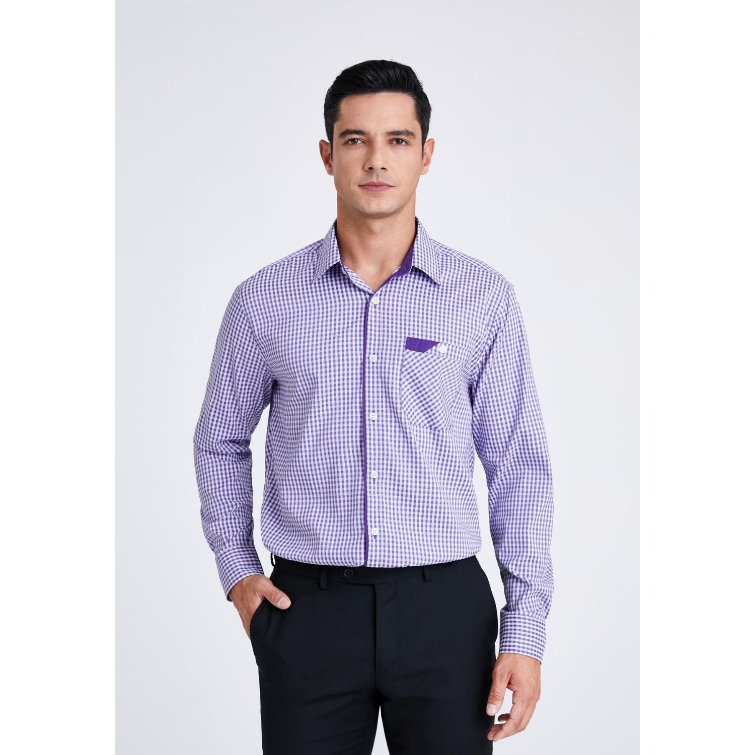Hisdern Men's Purple Checkered Shirt Long Sleeve Office to Weekend Wea