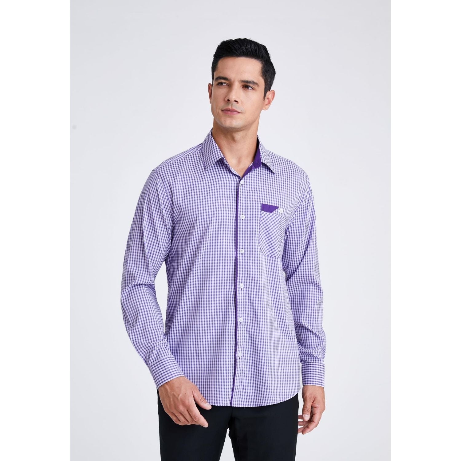 Hisdern Men's Purple Checkered Shirt Long Sleeve Office to Weekend Wea