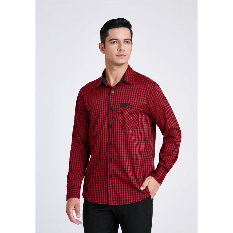 Men's Casual Long Sleeve Plaid Shirt - A-RED