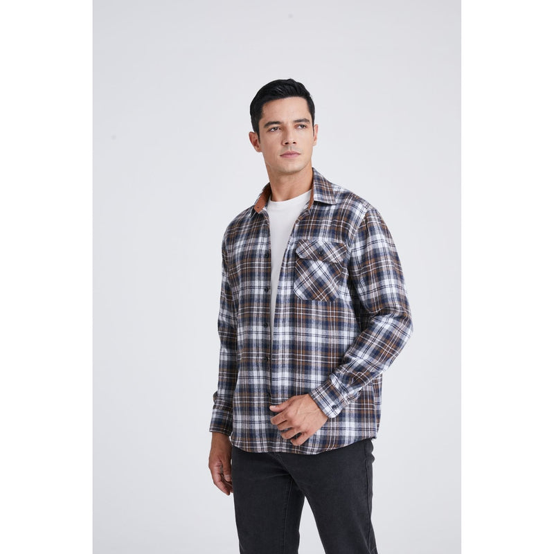 Plaid Men's Flannel Shirt With Pockets - 7N-BROWN/NAVY-3